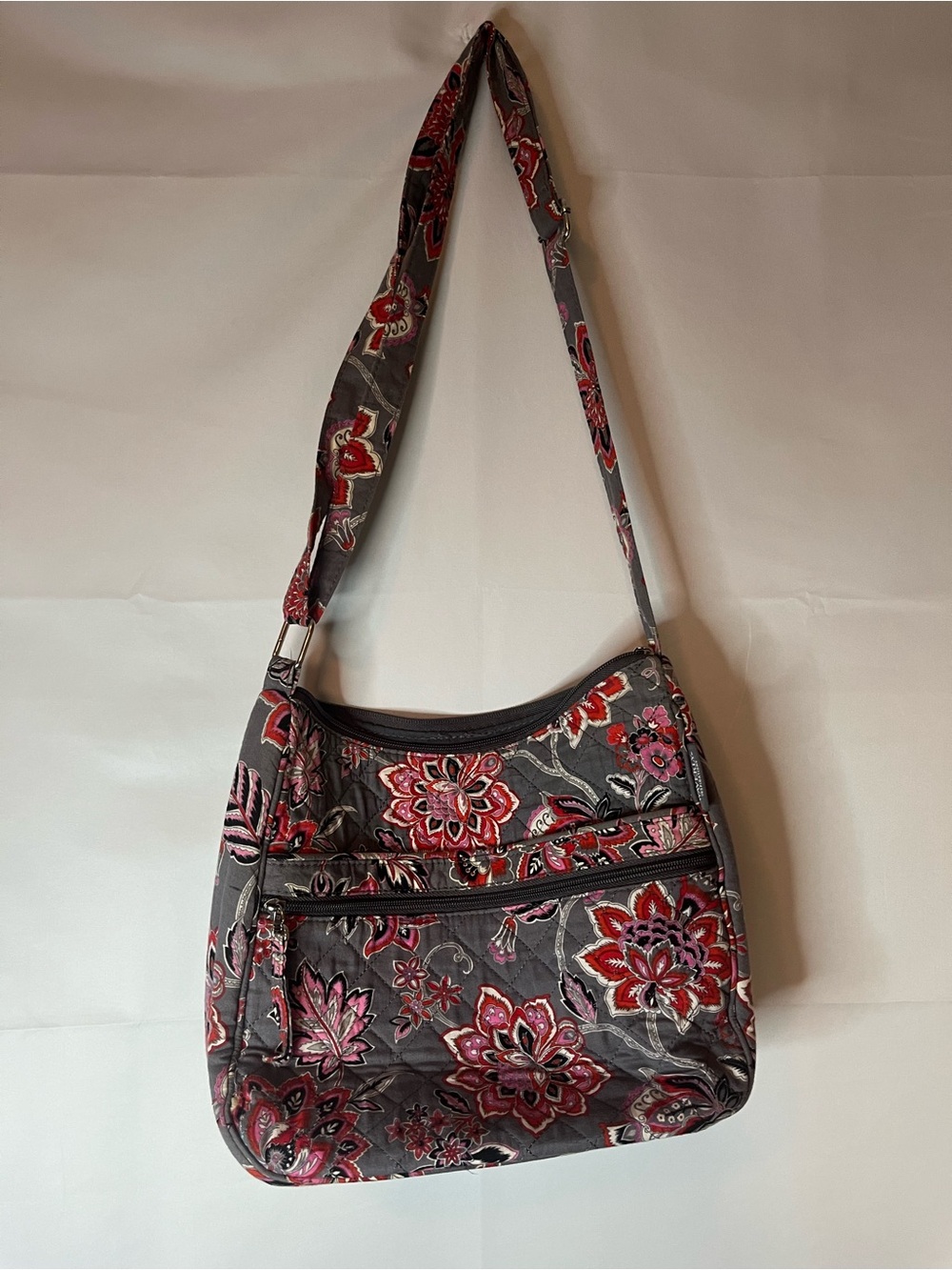 Waverly Gray Crossbody Bag with Pink & Red Floral Design